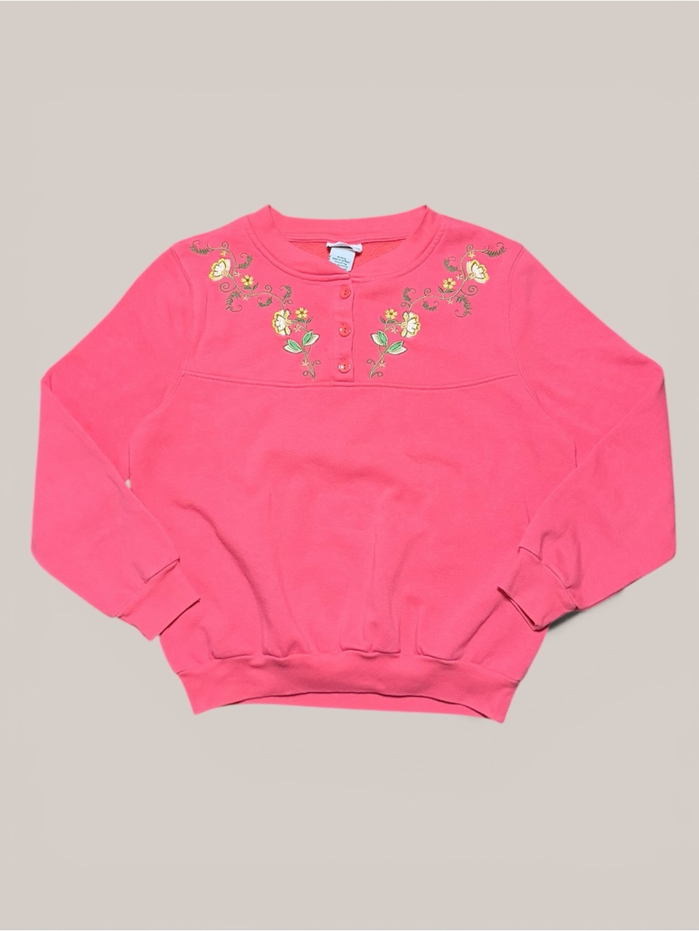 90s Vintage BonWorth Pink Embroidered Floral Henley Crewneck